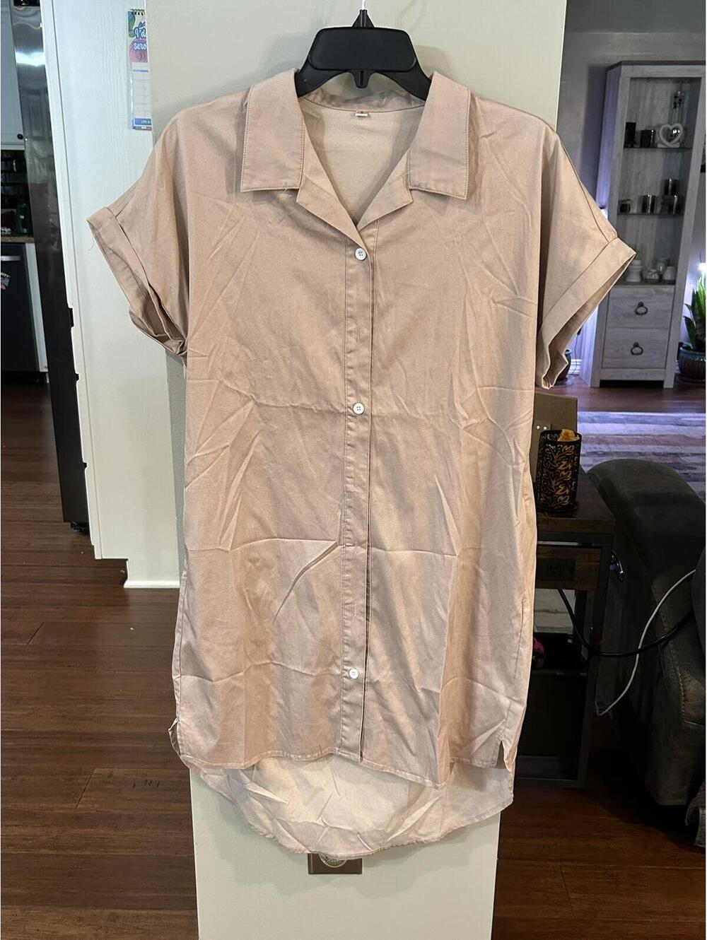 Beige Short Sleeve Button-Up Shirt Dress Size Small